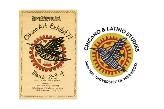 On the left, an art exhibition poster from the 1970's featuring the original hummingbird artwork by Ray Roybal. On the right, a modernized version of the hummingbird that serves as the Chicano and Latino Studies logo today.