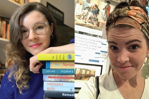 Side by side color head-and-shoulders photos of PhD candidates Jacqueline Patz DiPiero (elbow on stack of books) and Elizabeth Howard