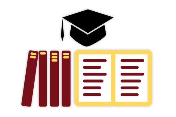 Illustration of a mortar board cap and tassel over a set of books. One book is open to display pages inside.