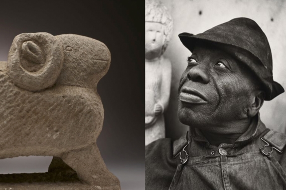 Photo of Ram sculpture and the artist, William Edmondson