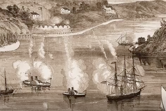 Sepia photo of ships in battle