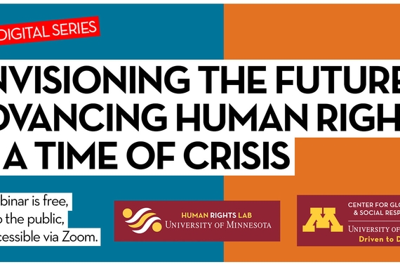 Teal and orange banner image introducing virtual series "Envisioning the Future: Advancing human rights in a time of crisis"