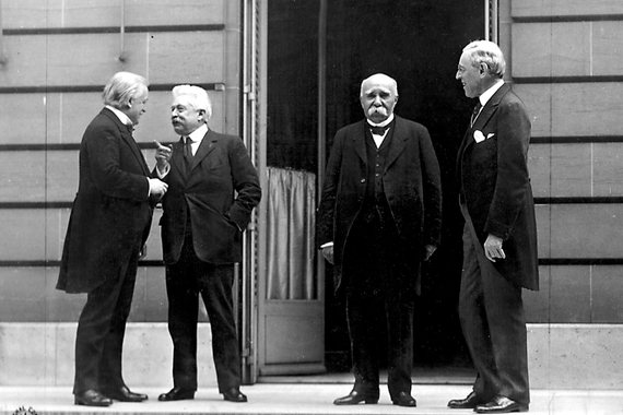 Council of Four at the WWI Paris peace conference, May 27, 1919 (candid photo) (left to right) Prime Minister David Lloyd George (Great Britain) Premier Vittorio Orlando, Italy, French Premier Georges Clemenceau, President Woodrow Wilson