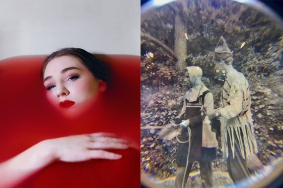 2 photos: magnified image with glitter of an old photograph of 2 young people in a forest, Woman with dark brown hair wearing red lipstick in a bathtub submerged in red water covering half her face.