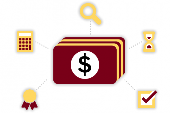 Illustration of a stack of dollars surrounded by an award ribbon, a calculator, a magnifying glass, an hourglass, and a square with a checkmark in it