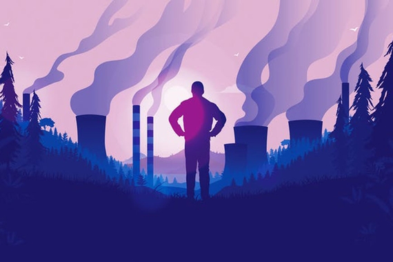 Illustration of a person looking at smoke stacks in the distance emitting smoke. Evergreen trees frame the picture on the right and left sides.