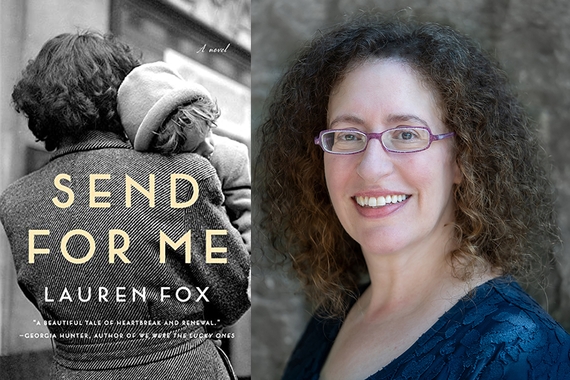 Side by side photos of book cover of Lauren Fox's Send for Me with black and white vintage photo of child resting on mother's shoulder on left and color author photo on right