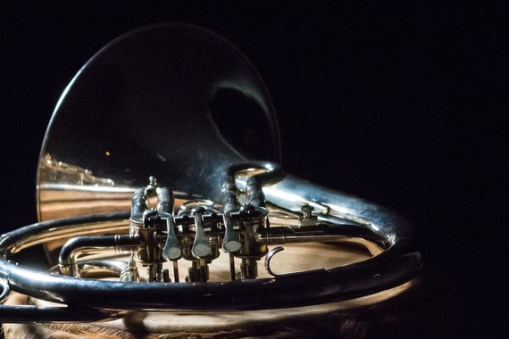 an E-flat alto horn, laying on the ground with a dark black background