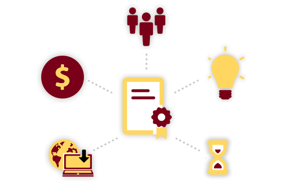 Illustration showing a diploma surrounded by people, an hour glass, a dollar sign, a laptop, and a lightbulb