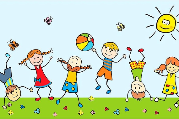 Cartoon drawing of children jumping and playing outside