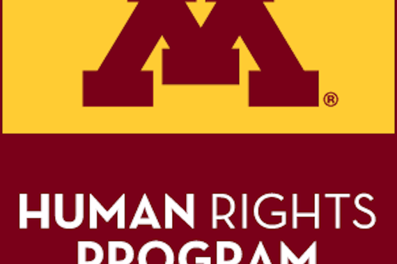 A maroon "M" is on a gold background on the top half of a square and the bottom half reads "Human Rights Program" in white with a maroon background