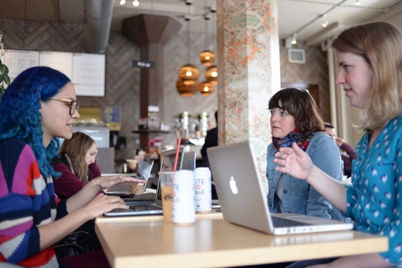 Elexis Trinity Williams, left, Nora Radtke and Alyce Eaton meet at Dunn Brothers Coffee shop to discuss research findings on Sunday, April 8. Researchers from the University are partnering with Human Rights Watch to find how people come to their views on 