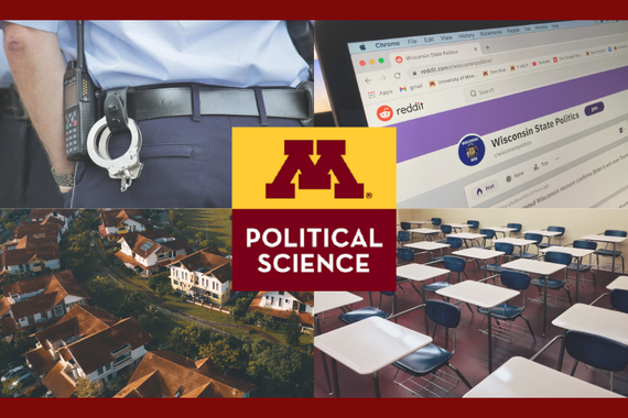 Graphic of four photos with political science department logo in the center