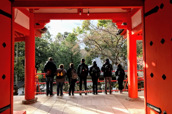 Students at a Shinto shrine called Kasuga Taisha in Nara, Japan