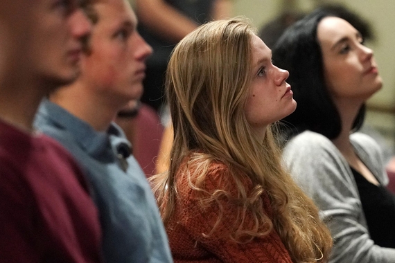 Carolyn Carlson along with her fellow political science students in Professor Timothy Johnson’s “Justice in America” class Thursday at the University of Minnesota watched the testimony of one of Brett Kavanaugh’s accusers, Christine Blasey Ford