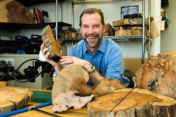 Portrait: Kurt Kipfmueller in the dendrochronology lab with cut sections of trees