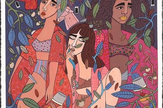 Meghan Murphy's art: three giants women surrounded by floating objects (lamps, knives, plants, and smartphones) painted in 2D style with bright colors
