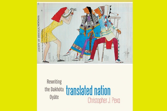 Detail from cover of Prof Pexa's book TRANSLATED NATION with art of red-haired white woman in yellow dress taking photo of two Native Americans in traditional dress