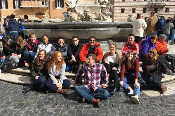Students taking a break in front of the Fontana del Pantheon in the Piazza della Rotonda in Rome.