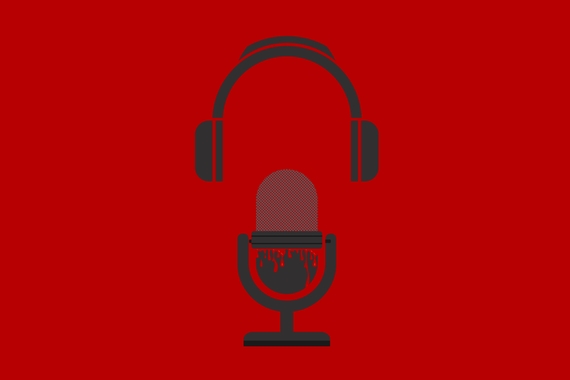 illustration of a microphone and headphones, with cartoon blood dripping