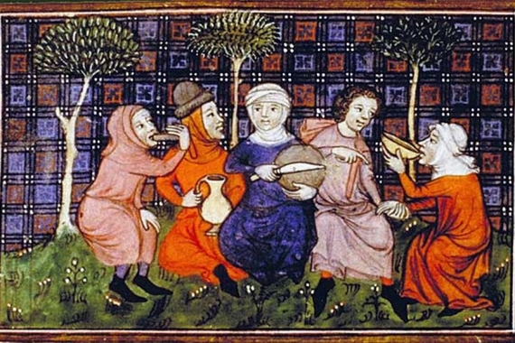 Medieval peasants in purple, pink, and orange robes sharing food.