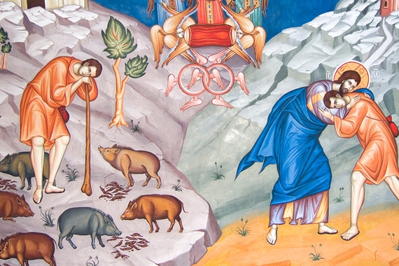 Medieval painting of prodigal son parable with on left man in orange leaing on staff with pigs and on right same man being hugged by older man in blue robe with halo