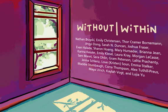 Graphic illustration of the interior of a room with on window with the title "Without|Within" on a wall of the room.