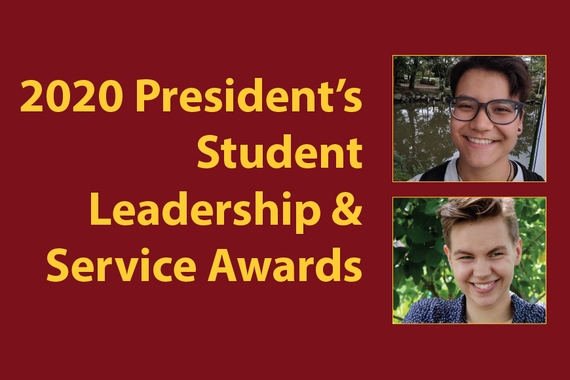 Maroon background with gold text of President's Student Leadership & Service Awards and photos of recipients