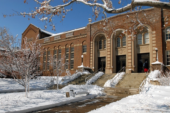 Exterior photo of Scott Hall on a winter day with a clear blue sky
