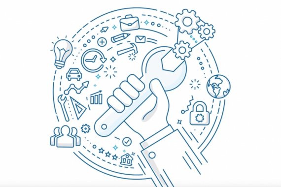 illustrated graphic with a hand holding a wrench, surrounded by a variety of tools (a car, lightbulb, pencil, etc.)