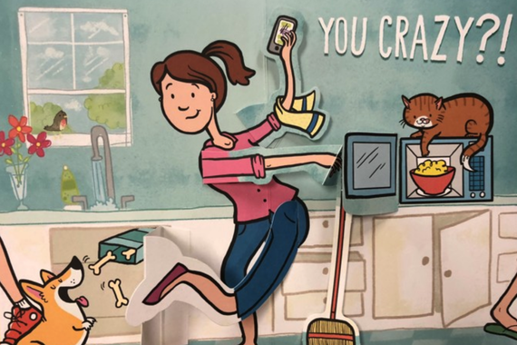 the inside of a mother's day card, featuring a smiling cartoon mother doing various chores with each one of her limbs