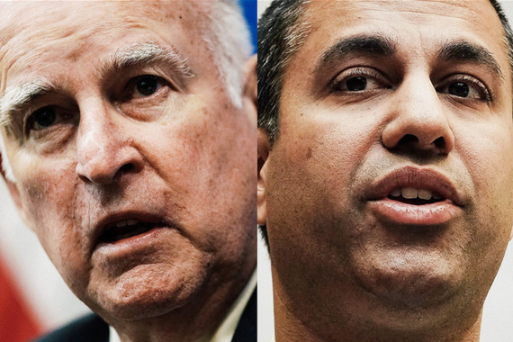 California Gov. Jerry Brown and FCC Chairman Ajit Pai.