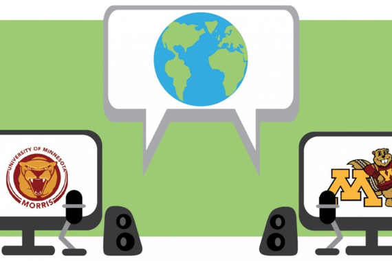 Two screens, one with the Twin Cities logo and the other with the Morris logo, communicating through a cartoon speech bubble with an image of the Earth inside