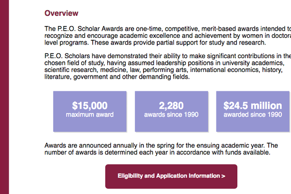Screenshot of information about PEO Scholar Awards from PEO website (link in article text)