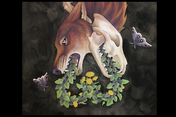 drawing of two wolves against a dark background, one alive and one skeletal, facing downwards with their necks intertwined. Dandelions pour from their mouths and a pair of moths hover at their sides.
