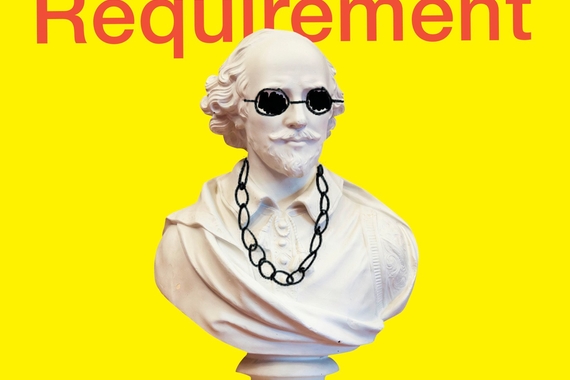 the cover of "The Shakespeare Requirement: A Novel" including a bust of William Shakespeare with sunglasses and a chain necklace doodled on top
