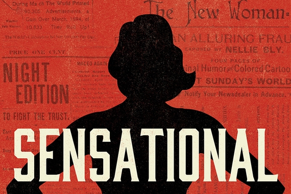 Detail from cover of Prof Kim Todd's book SENSATIONAL with that pale yellow text over black silhouette of woman's head and shoulders and red background with images of newspaper headlines