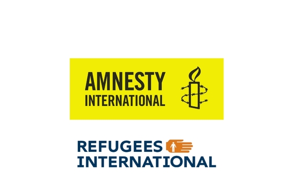A logo that says "Amnesty International" with a candle and barbed wire wrapped around it on a yellow background stacked on top of words reading "Refugees International" with the shape of a person on top of an orange palm on a white background