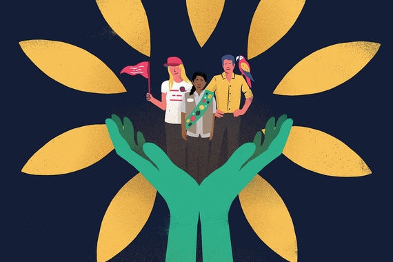an illustration of volunteers standing proudly on a pair of outstretched hands, backlit by a bright sunflower