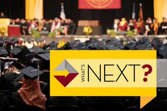 Graduation caps photo. Graphic: "What's Next?"