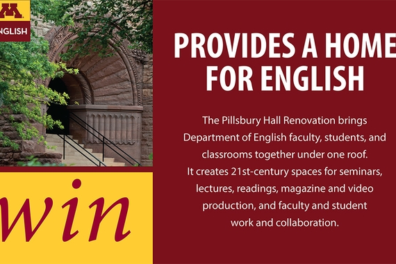 Photo of Pillsbury Hall plus text Win: A Home for English