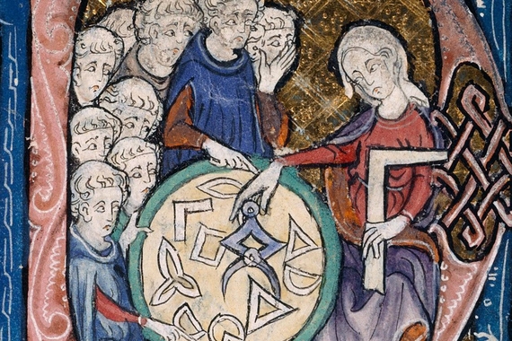 Scene in a medieval manuscript letter 'P'. A woman with a set-square and dividers; using a compass to measure distances on a diagram. She is watched by a group of students.