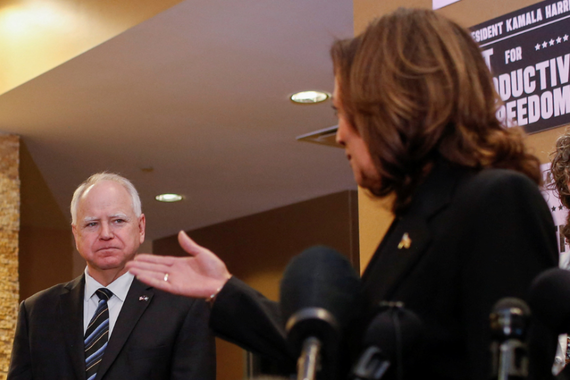 U.S. Vice President Harris speaks next to Minnesota Governor Walz in St. Paul, Minnesota