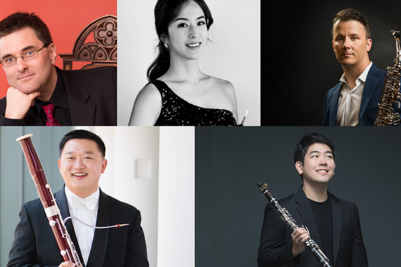 Woodwind Faculty Members. On top, from left to right, Immanuel Davis, Christine Soojin Kim, Preston Duncan. On bottom, left to right, Fei Xie and Sangyoon Kim