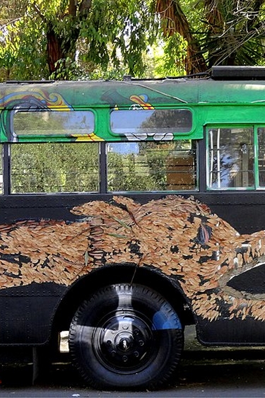 Dragon on side of old Japanese trolleybus being used as public art in Mexico City (2012)