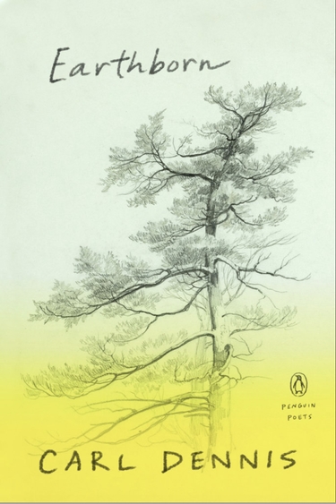 Book cover with pale green fading to yellow background, etching of tree, and text "Earhtborn, Carl Dennis"