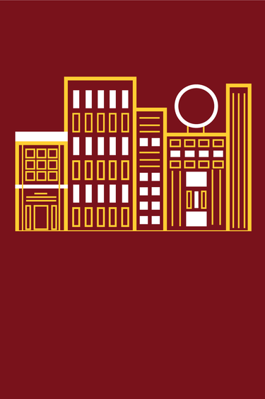 Gold and white line drawing illustration of a skyline on a maroon background