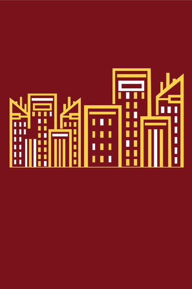 Gold and white line drawing of a skyline on a maroon background