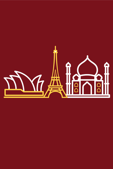Gold and white line drawing of the Sydney Opera Hall, the Eiffel Tower, and the Taj Mahal on a maroon background