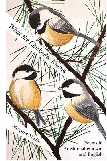 Book cover with illustration of three chickadees on pine tree branches with strips of white paralleling branches and holding black text What the Chickadee Knows, Margaret Noodin, and in bottom right Poems in Anishinaabemowin and English